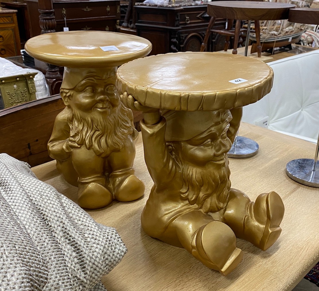 A pair of Philippe Starck for Kartell gilt composition gnome stools, diameter 33cm, height 42cm